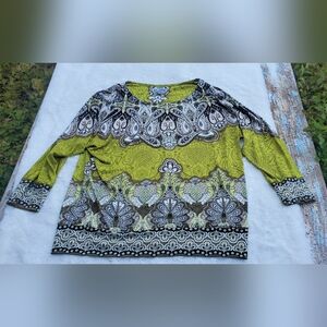 Inc Patterned Green and Black Women's Blouse Size L/P